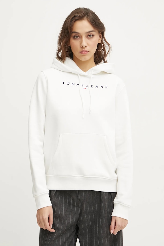 Tommy Jeans pulover s kapuco ženski bombažen z elastanom bela DW0DW17324
