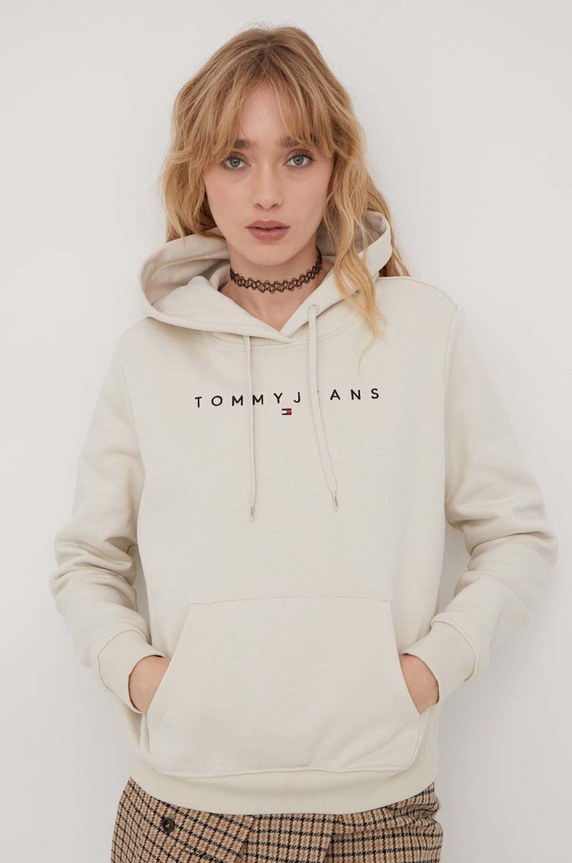 Tommy Jeans mikina s kapucí dámská bavlněná s elastanem s kapucí béžová DW0DW17324