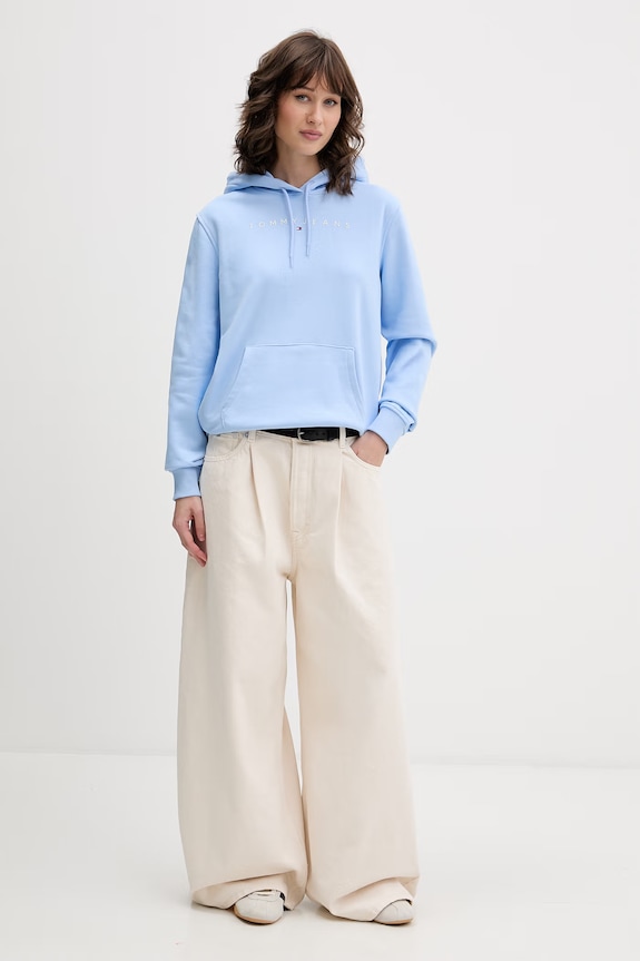 Tommy Jeans mikina s kapucí dámská bavlněná s elastanem DW0DW17324 modrá SS26