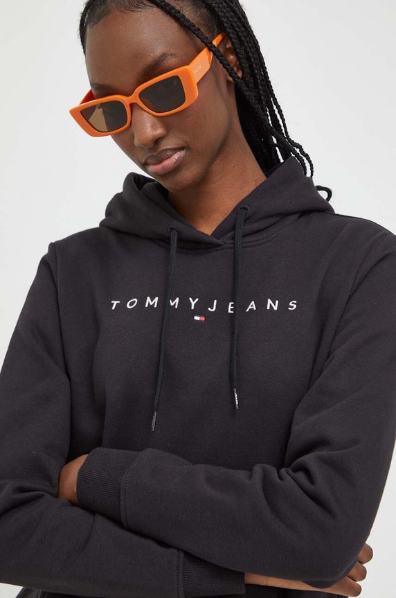 Tommy Jeans μπλούζα με κουκούλα γυναικεία βαμβακερή με ελαστάν μαύρο DW0DW17324