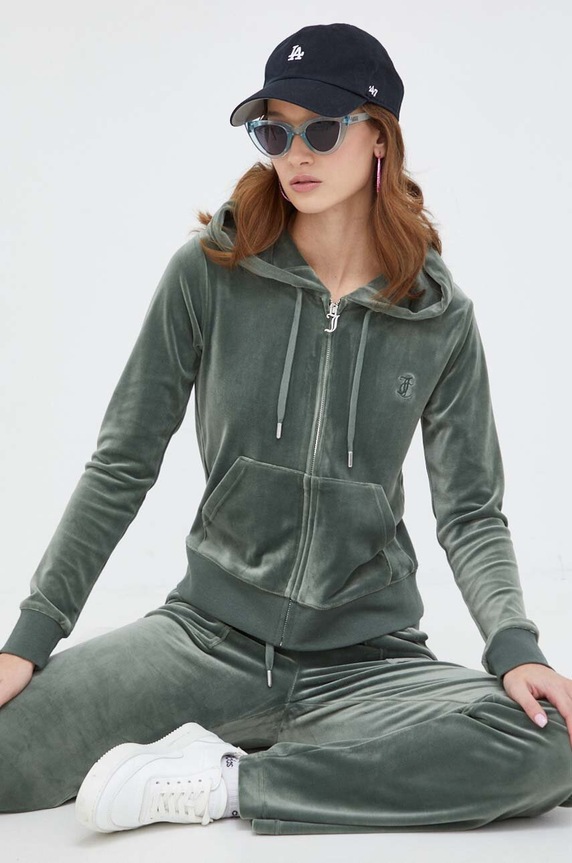 Juicy Couture bluza welurowa z kapturem zielony JCAP176.482