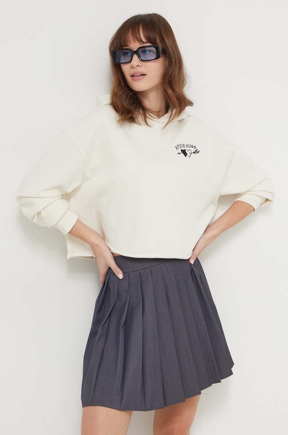 Pamučna dukserica HUGO natpis bež 50513168