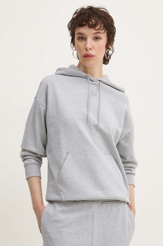 HUGO μπλούζα με κουκούλα γυναικεία βαμβακερή Delfinia με κουκούλα γκρί 50522423