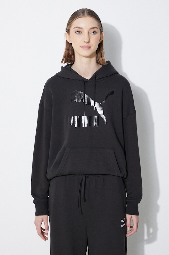 Puma bluza CLASSICS Shiny Logo Hoodie z kapturem czarny 625595