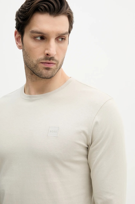 Bavlněné tričko s dlouhým rukávem BOSS Orange Tacks béžová 50512111