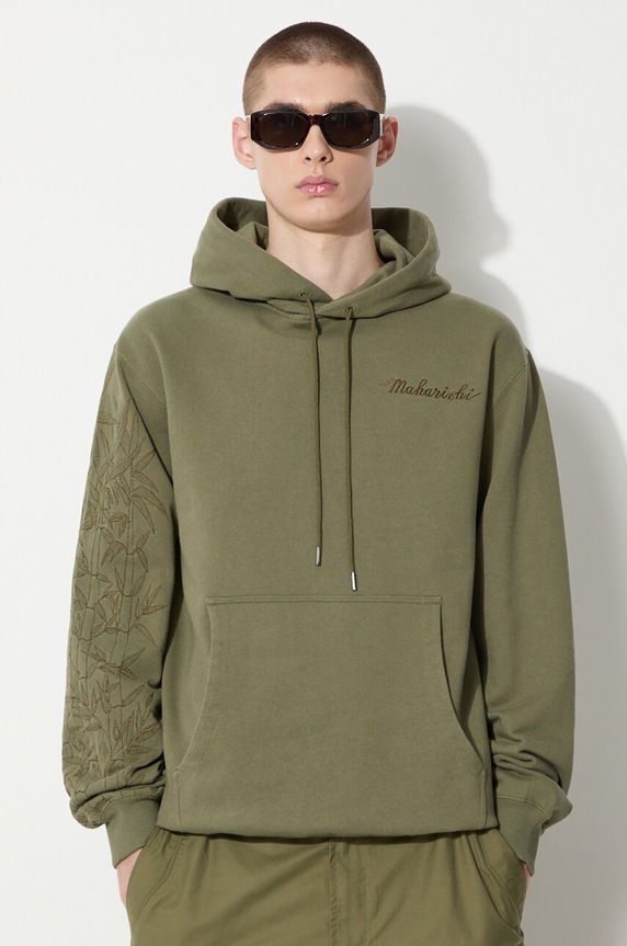 Maharishi hanorac de bumbac Dragon Bamboo Hooded Sweat verde 5075.OLIVE