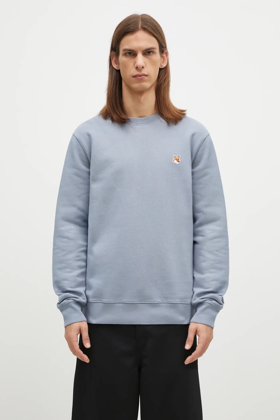 Bavlněná mikina Maison Kitsuné Fox Head Patch Regular Sweatshirt hladký modrá LM00301KM0001