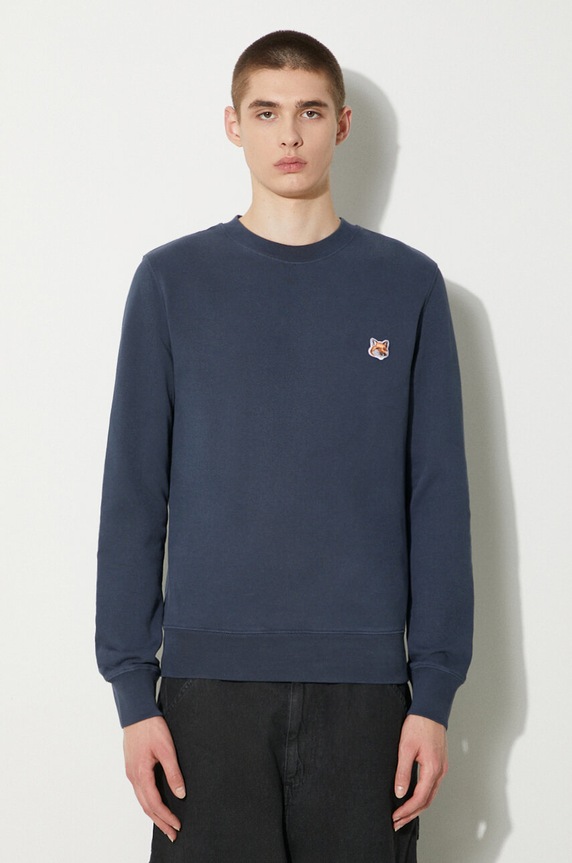 Bavlněná mikina Maison Kitsuné Fox Head Patch Regular Sweatshirt hladký námořnická modř LM00301KM0001