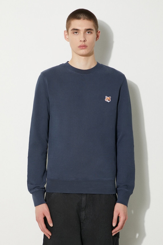 Bavlněná mikina Maison Kitsuné Fox Head Patch Regular Sweatshirt hladký námořnická modř LM00301KM0001