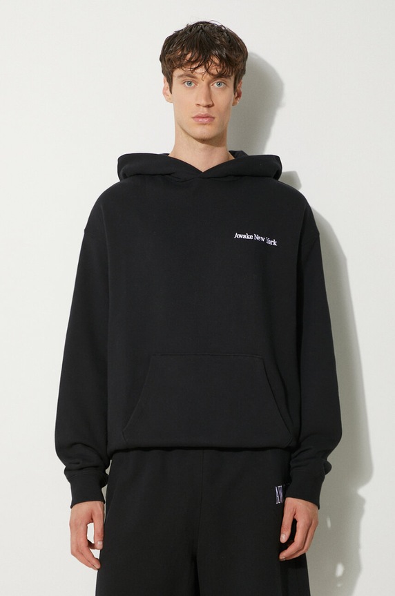 Bavlněná mikina Awake NY Serif Hoodie s kapucí černá SP24.HD003