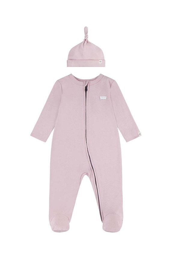 Detský bavlnený overal Levi's LVN FOOTED COVERALL & HAT SET ružová 6EK247.G