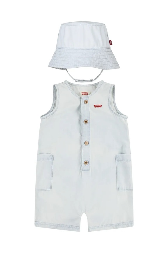 Dětské bavlněné dupačky Levi's LVB DENIM ROMPER & BUCKET HAT modrá 6EK229