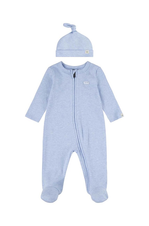 Levi's pajacyk niemowlęcy bawełniany LVN FOOTED COVERALL & HAT SET niebieski 6EK247
