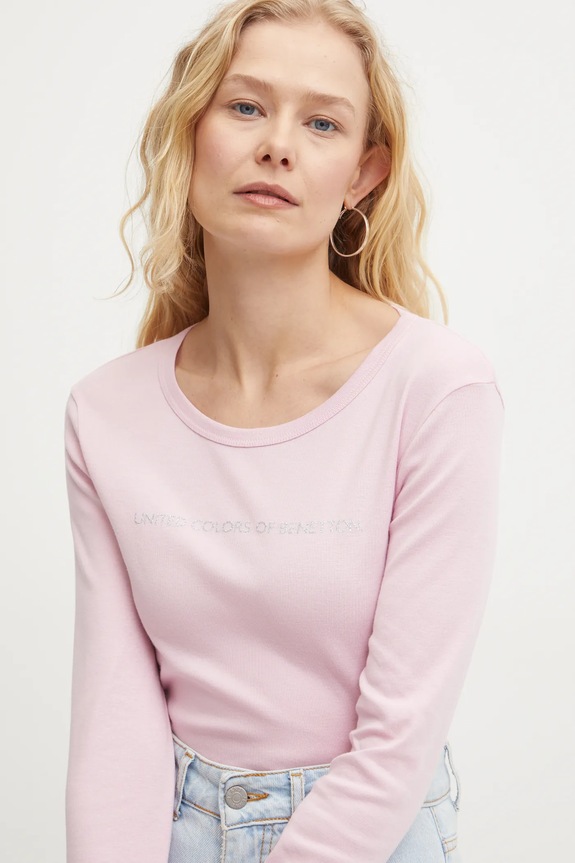 United Colors of Benetton longsleeve bawełniany nadruk różowy 3GA2E16G0