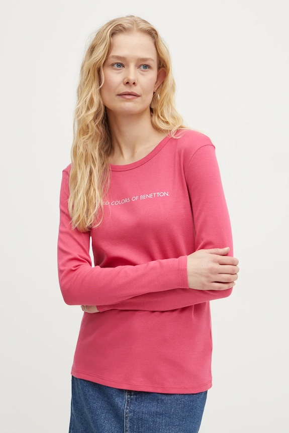United Colors of Benetton longsleeve bawełniany nadruk różowy 3GA2E16G0