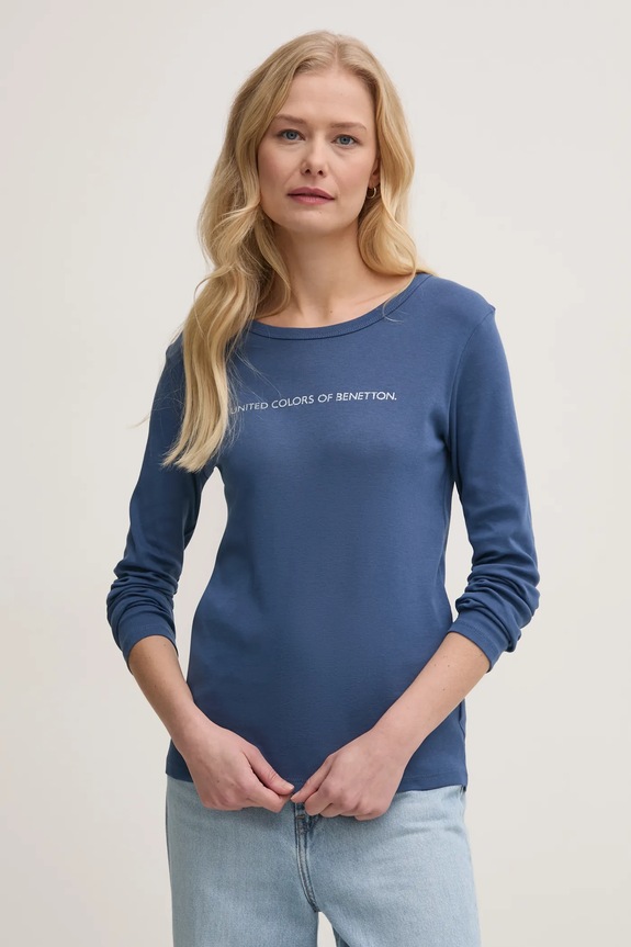 Βαμβακερή μπλούζα με μακριά μανίκια United Colors of Benetton σκούρο μπλε 3GA2E16G0