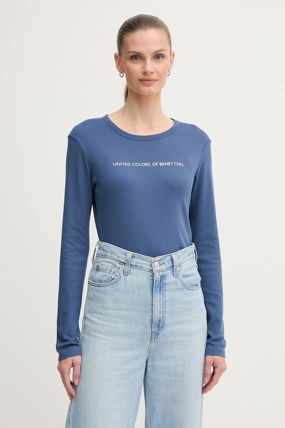 United Colors of Benetton longsleeve bawełniany nadruk niebieski 3GA2E16G0