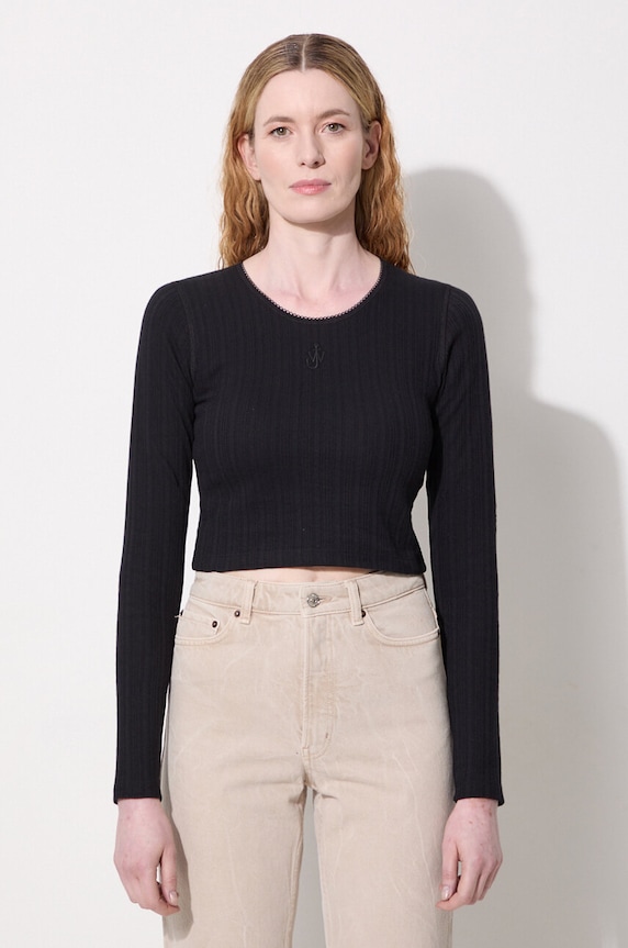 JW Anderson longsleeve bawełniany Cropped Anchor Embroidery Longsleeve Top gładkie czarny JO0211.PG1501.999