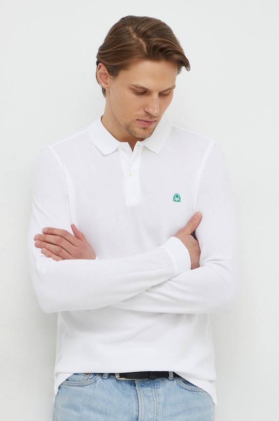 United Colors of Benetton longsleeve din bumbac uni alb 3089J3204