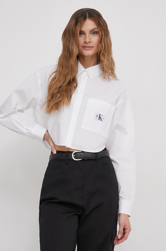 Bombažna srajca Calvin Klein Jeans Dolg bela J20J222614