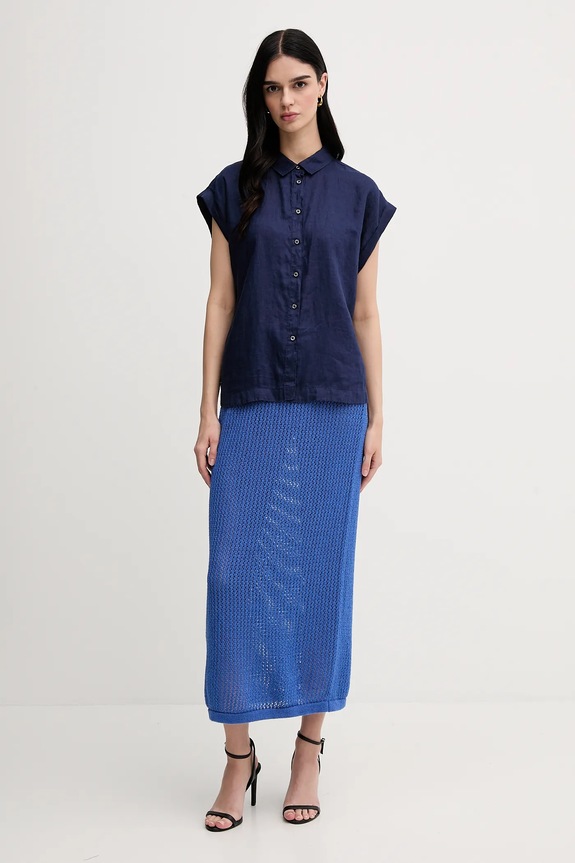 Πουκάμισο από λινό United Colors of Benetton 5BMLDQ06V σκούρο μπλε SS25