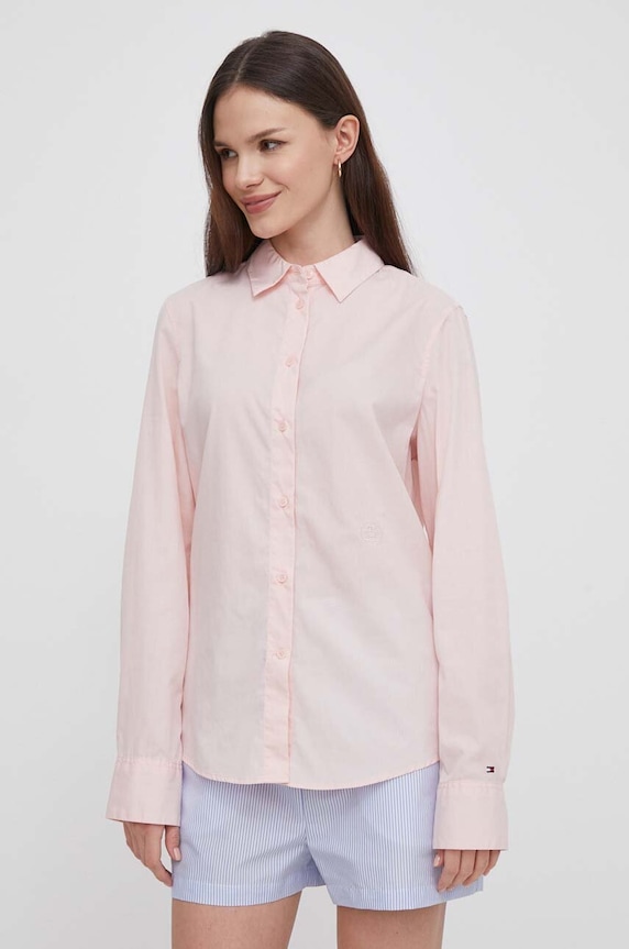 Tommy Hilfiger camasa din bumbac lung roz WW0WW43344