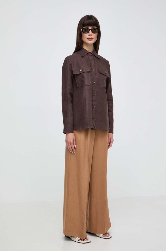 Lněná košile Weekend Max Mara hladký hnědá 2415111013600