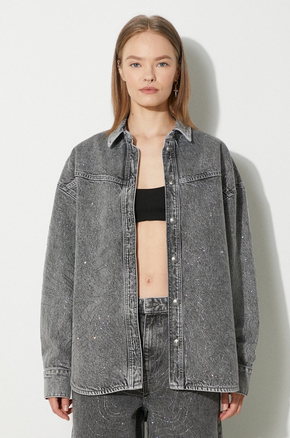 Džínová košile Rotate Rhinestone Denim Shirt dlouhý šedá 113014D06