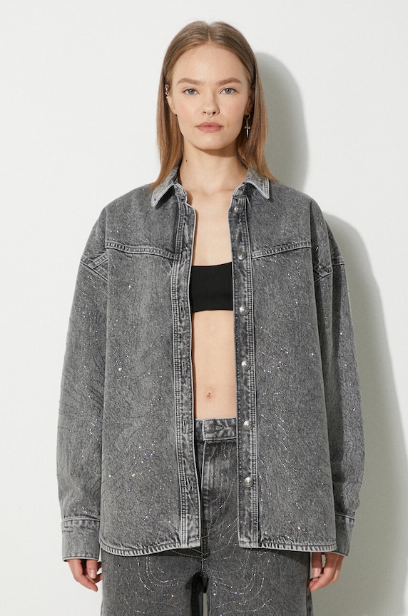 Džínová košile Rotate Rhinestone Denim Shirt dlouhý šedá 113014D06