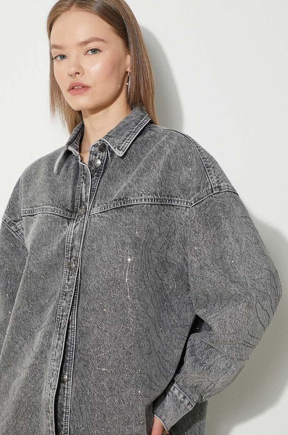 Džínová košile Rotate Rhinestone Denim Shirt 113014D06 šedá