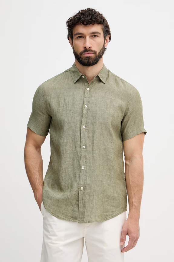 United Colors of Benetton košile pánská lněná zelená 5BKU5QJH8