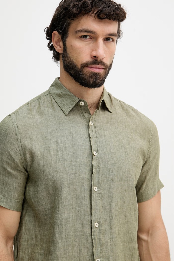 United Colors of Benetton košile pánská lněná zelená 5BKU5QJH8