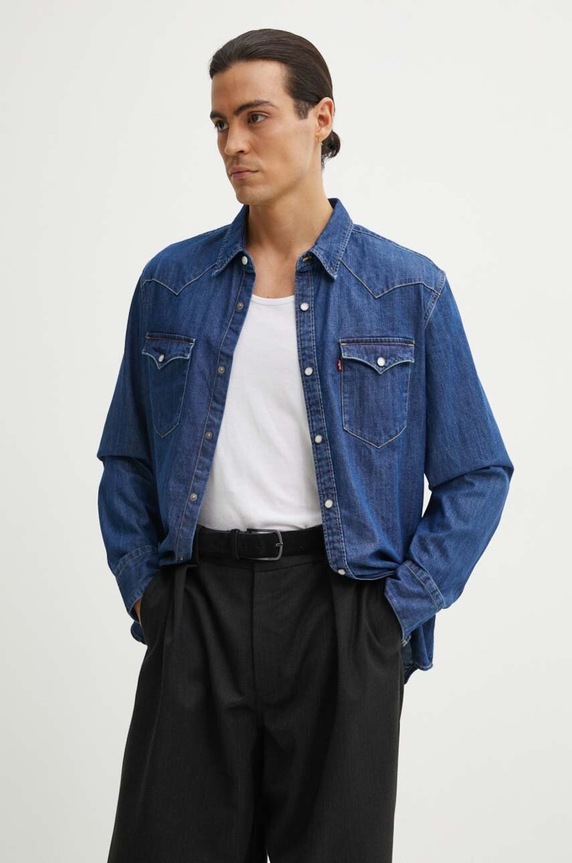 Βαμβακερό πουκάμισο Levi's μακρύ μπλε 85744