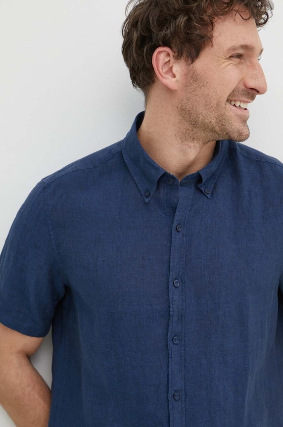 Πουκάμισο από λινό Michael Kors CS4400I4YT σκούρο μπλε