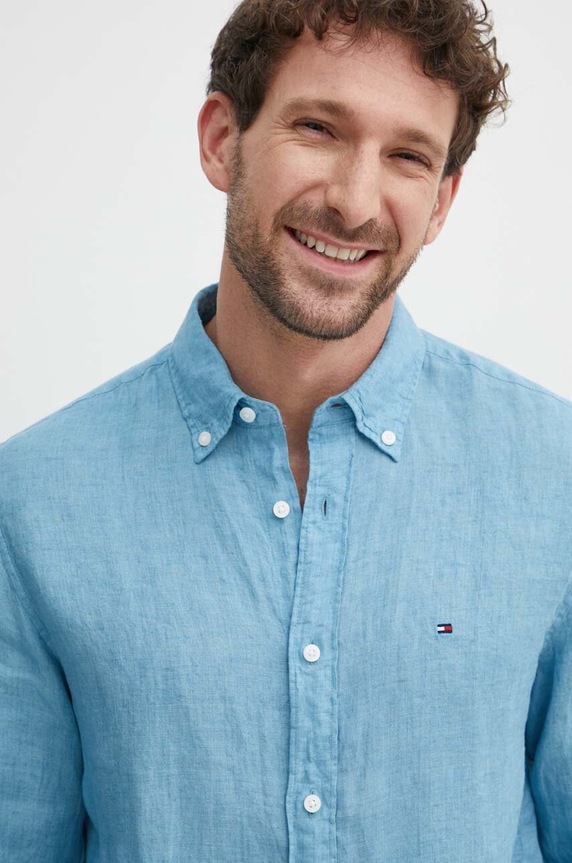 Tommy Hilfiger koszula lniana MW0MW34602 niebieski