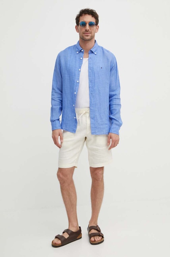 Odzież Tommy Hilfiger koszula lniana MW0MW34602 niebieski