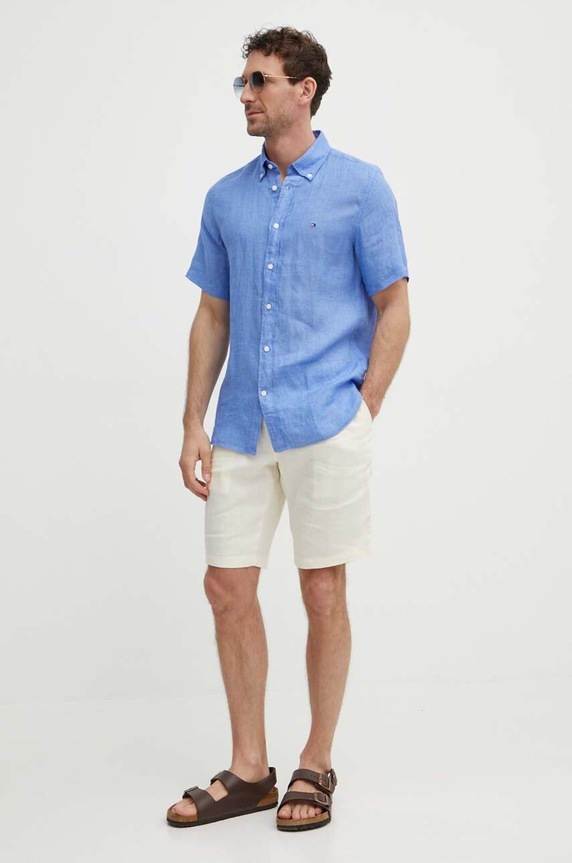 Ľanová košeľa Tommy Hilfiger MW0MW35207 modrá SS25
