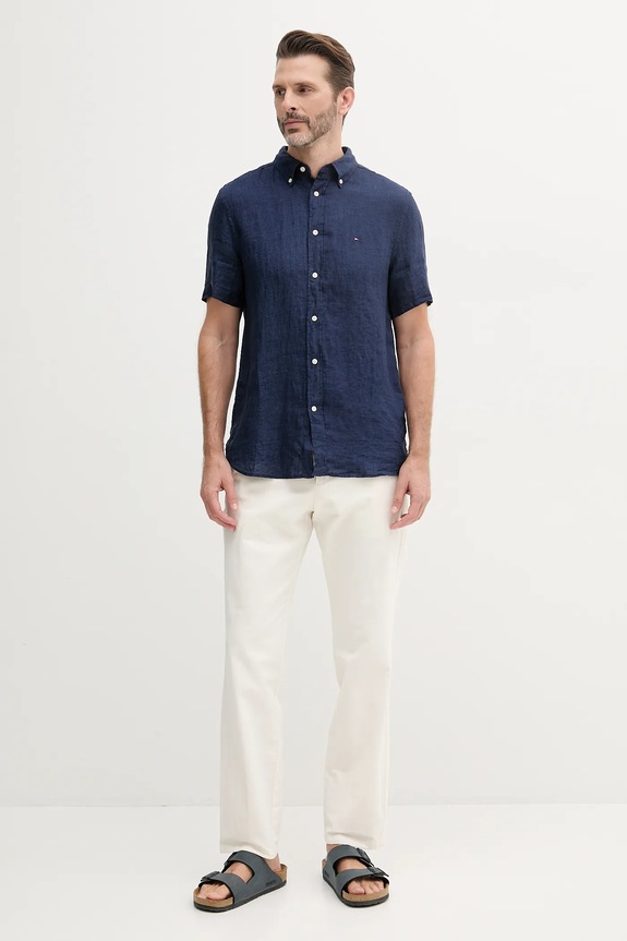 Lněná košile Tommy Hilfiger MW0MW35207 námořnická modř SS25