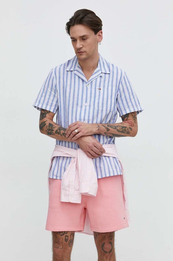 Tommy Jeans koszula z domieszką lnu regular niebieski DM0DM18961