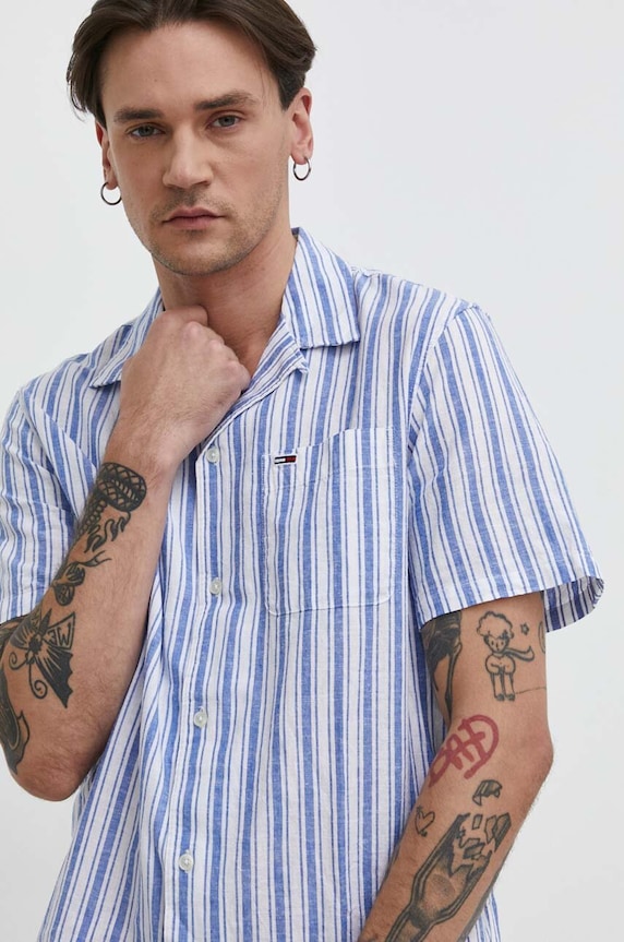 Tommy Jeans koszula z domieszką lnu niebieski DM0DM18961