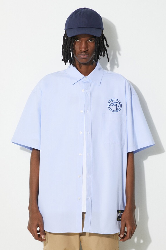 Хлопковая рубашка AMBUSH Emblem Striped S/S Shirt узор голубой BMGG001S24FAB0024445