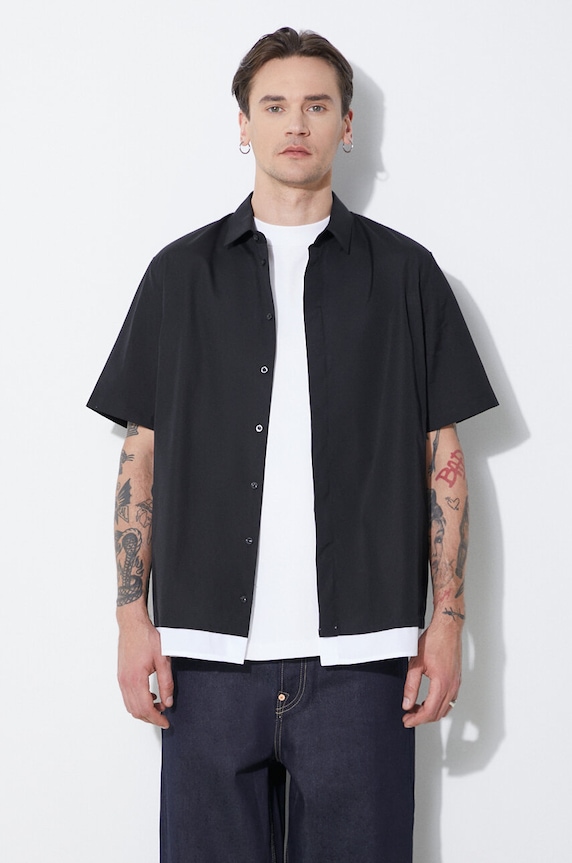 Neil Barrett camasa din bumbac Loose Double Layer Short Sleeve Shirt scurt negru MY60218C.Y051.524N
