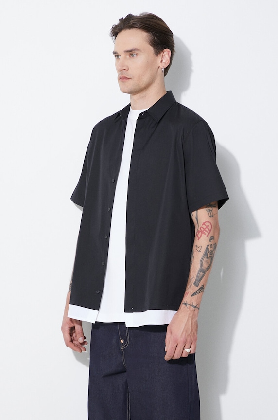 Neil Barrett camasa din bumbac Loose Double Layer Short Sleeve Shirt negru MY60218C.Y051.524N