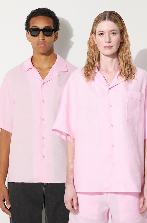 Lněná košile Pangaia DNA Linen Camp Collar Shirt relaxed růžová 10002046