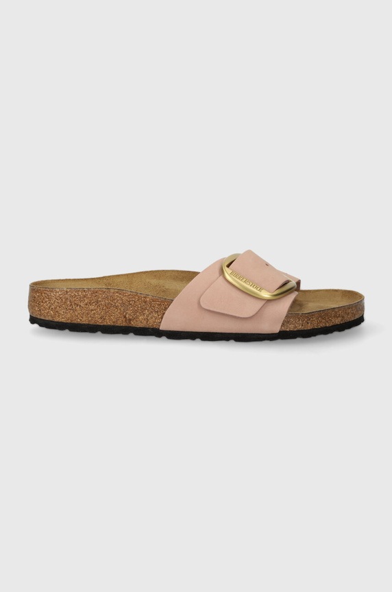 Birkenstock papuci de damă cu toc plat din nubuck Madrid Big Buckle Planet friendly roz 1026943