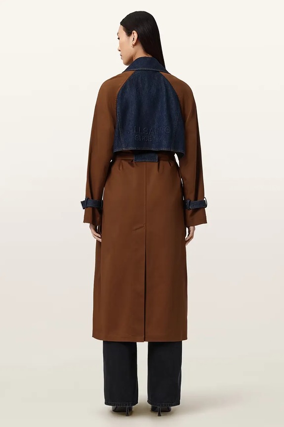 AllSaints trencz damski z bawełną DAYLY TRENCH WO508Z brązowy SS26