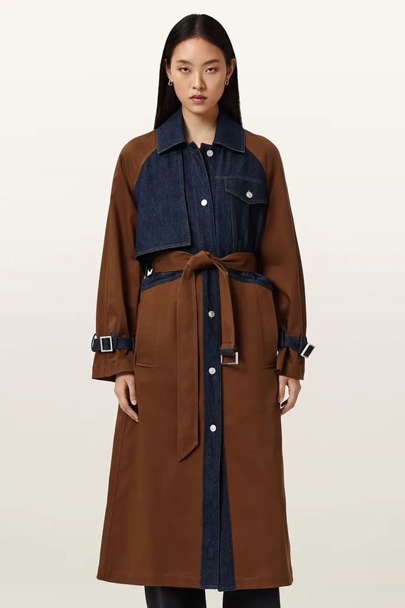 AllSaints trencz damski z bawełną DAYLY TRENCH brązowy WO508Z