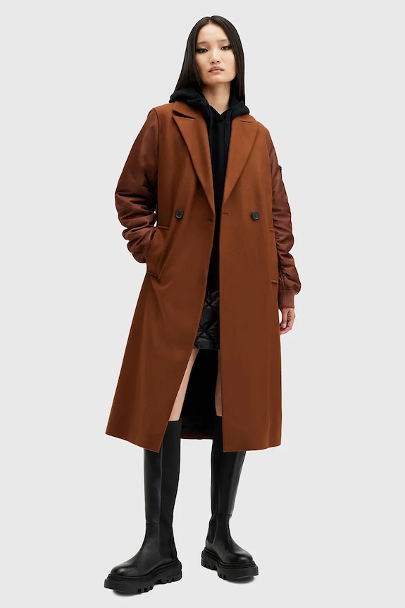 Kabát s vlnou AllSaints PAULAH W007OZ hnědá