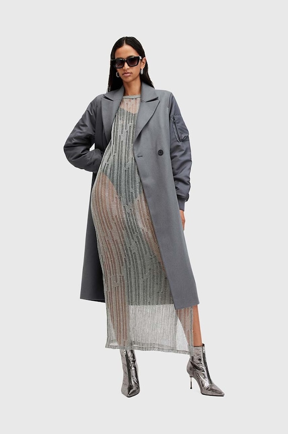 Vlnený kabát AllSaints PAULAH bez kapucne sivá W007OZ