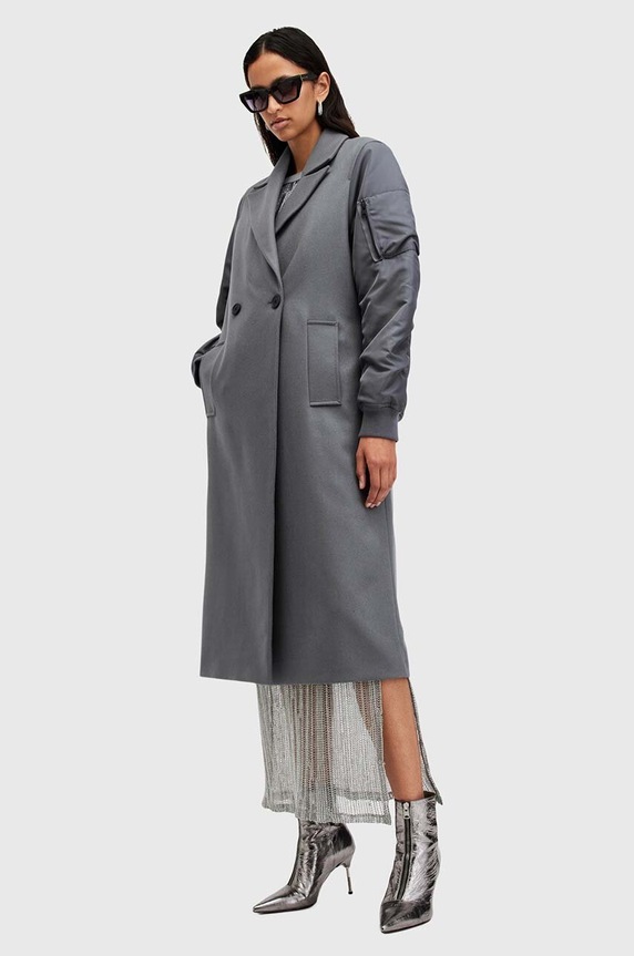 Vlnený kabát AllSaints PAULAH W007OZ sivá